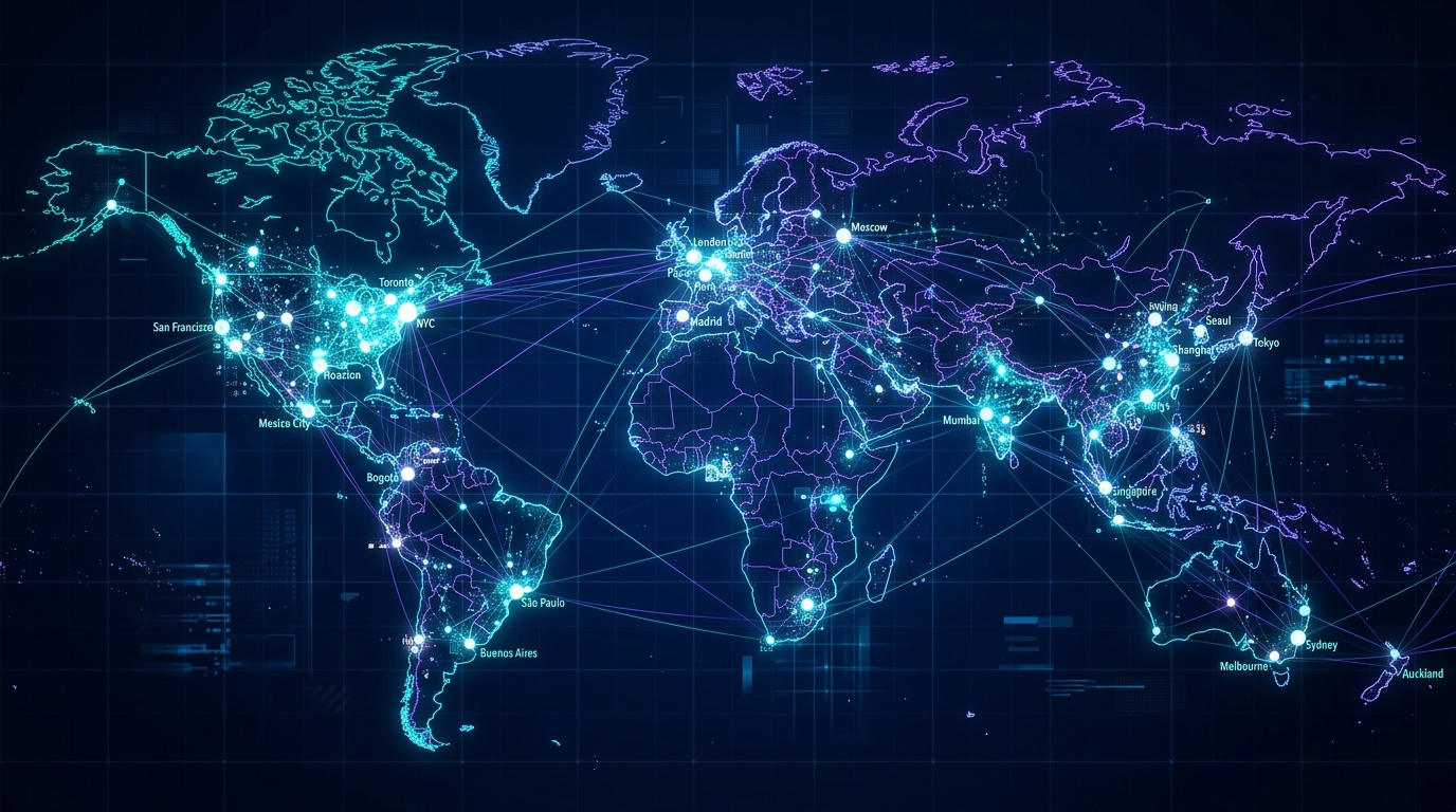 Global Research Coverage Map connecting US, LATAM, Europe, and Asia-Pacific